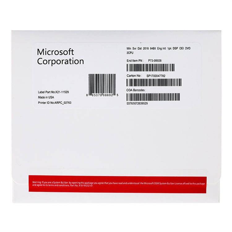 Microsoft Windows Server 2016 DataCenter COA key for 2CPU/2VM 24CORE OEM DVD Pack - INFINITE-ITECH