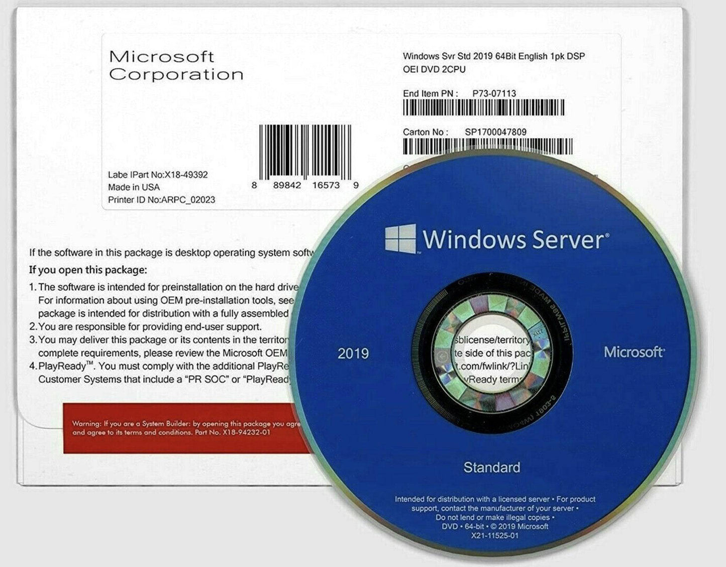 Windows Server 2019 Standard Edition 16 Core 1PK DSP OEI DVD 64-Bit English + 50 RDS CALS (MPN: P73-07788) | Australian Stock - INFINITE-ITECH