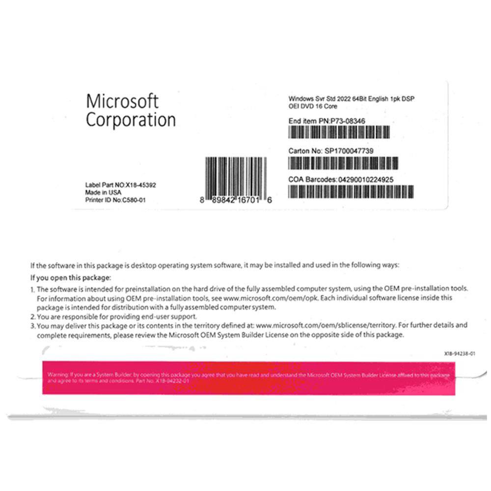Windows Server Standard 2022 64Bit English 1pk DSP OEI DVD 16 Core | Physical Sealed Package (MPN: P73-08328) | Australian Stock - INFINITE-ITECH